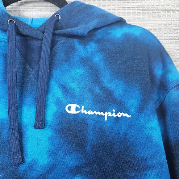 Champion Womens M Blue Tie Dye Pullover Hoodie Embroidered Spellout Logo Pockets - Picture 9 of 11